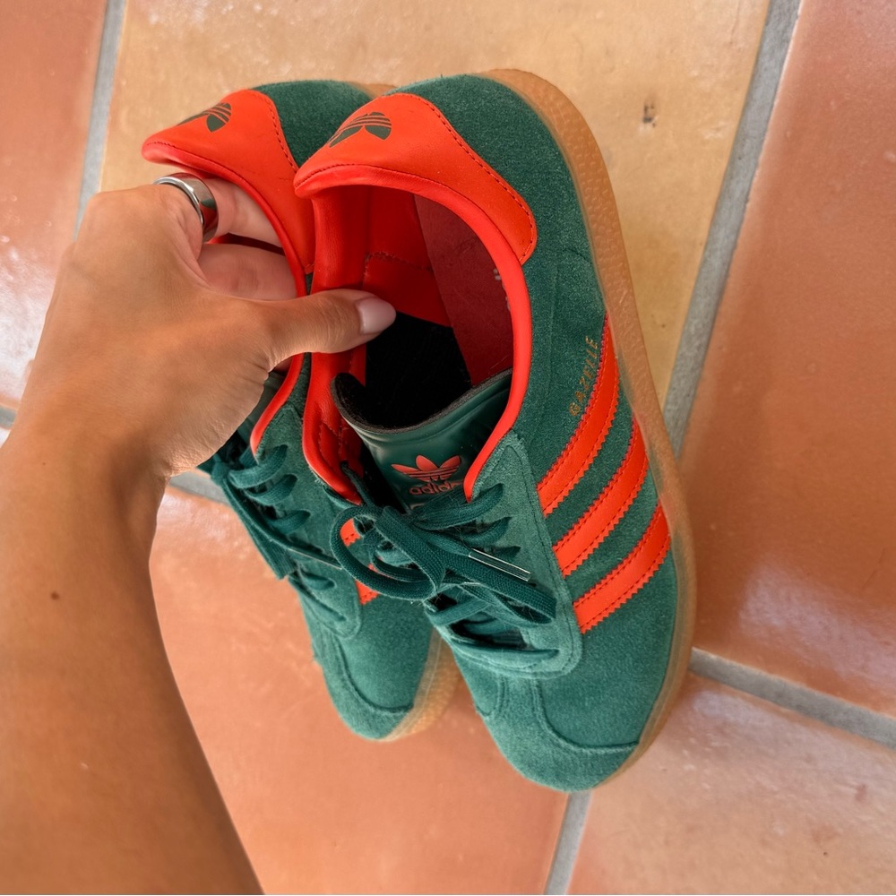 Adidas Green Suede Gazelle Sneakers with Orange Stripes - Picture 3 of 5